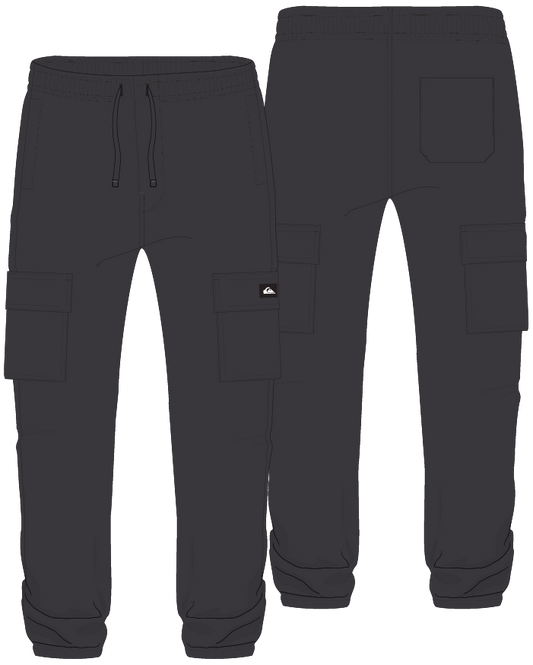 Pantalon jogger cargo - Quiksilver noir en coton, style décontracté avec poches multiples, vue de face et de dos.
