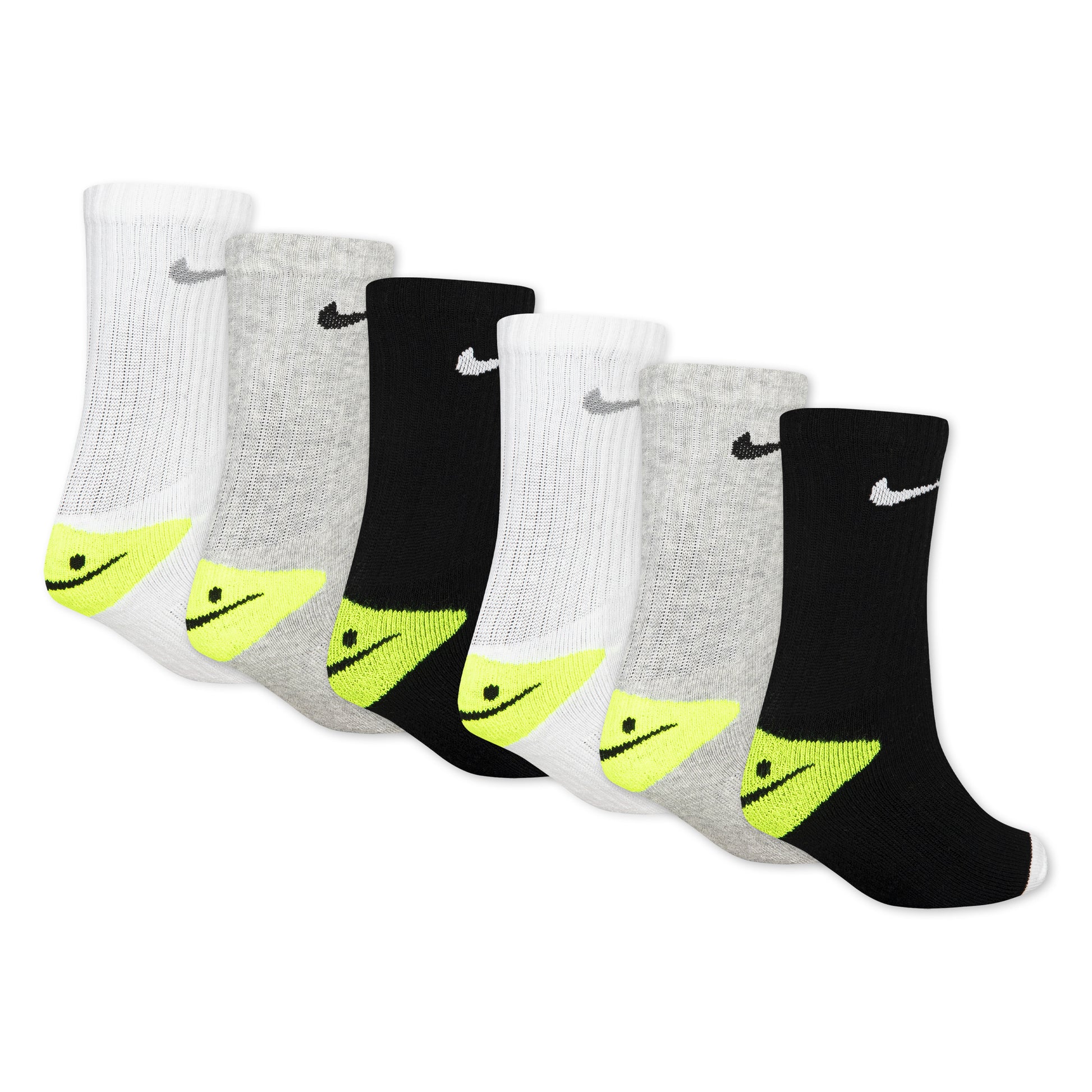 6 Paires de bas - Nike en coton blanc, gris et noir avec détails jaunes, style mi-mollet, vue de côté.