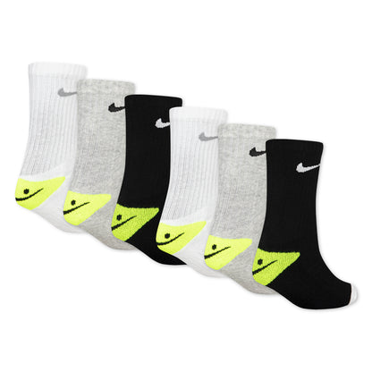 6 Paires de bas - Nike en coton blanc, gris et noir avec détails jaunes, style mi-mollet, vue de côté.