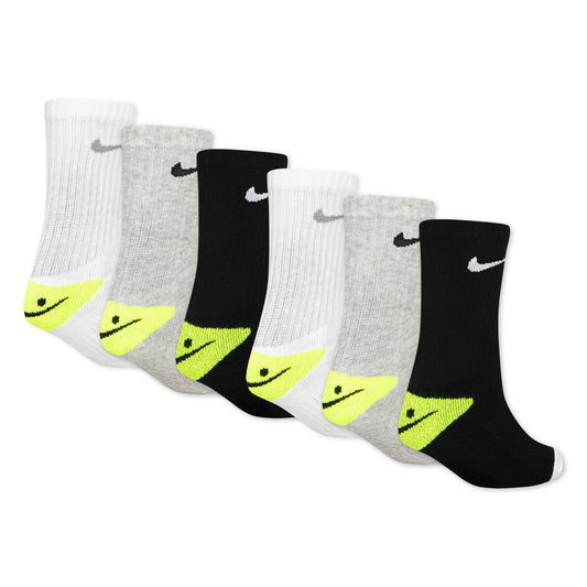 6 Paires de bas - Nike en coton blanc, gris et noir avec détails jaunes, style mi-mollet, vue de côté.