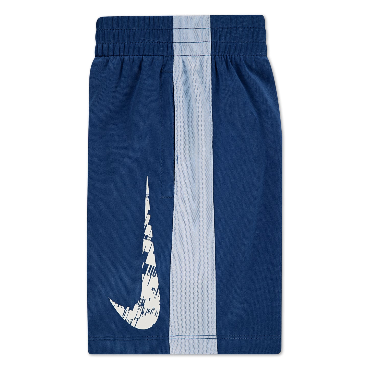 Short - Nike bleu marine avec bande grise verticale centrale et logo blanc, en polyester, vue de face.