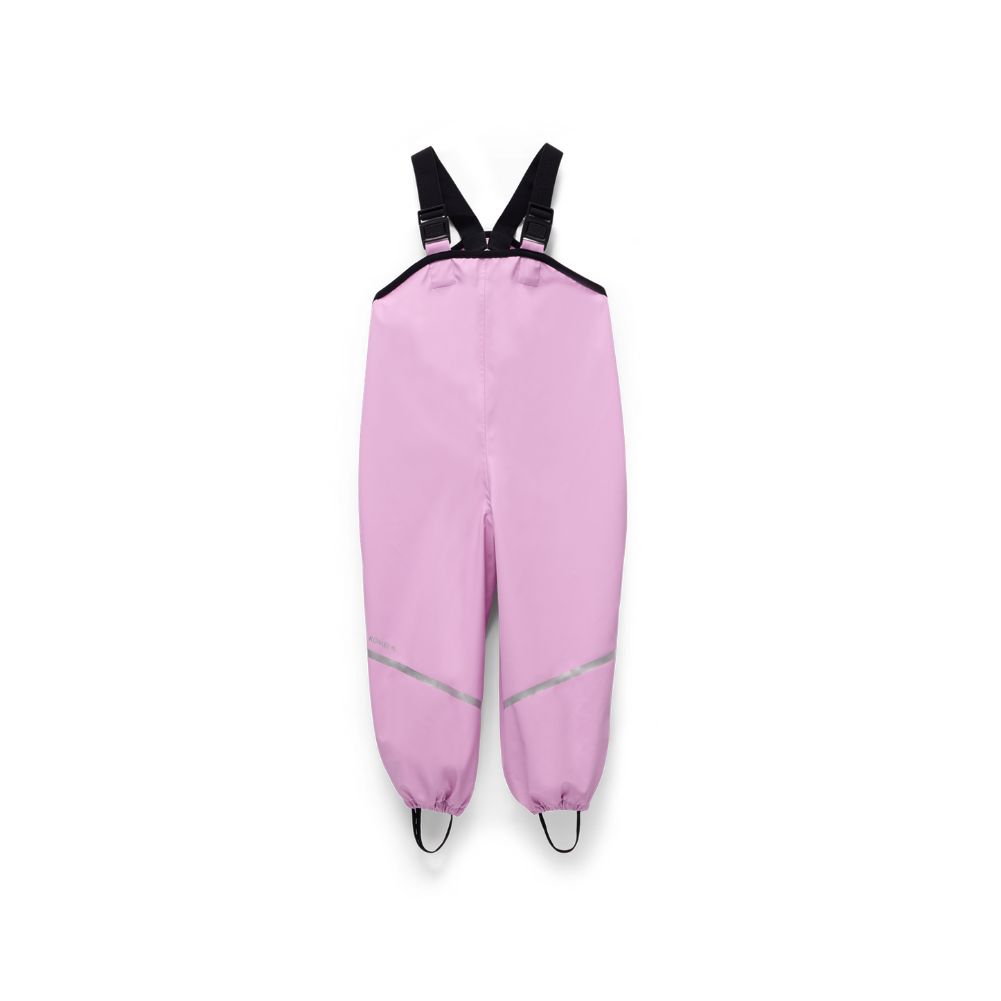 Salopette de pluie - Kombi rose clair avec bretelles noires, pantalon imperméable enfant vue de face, dimensions 2000x2000 pixels.