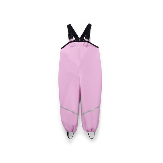 Salopette de pluie - Kombi rose clair avec bretelles noires, pantalon imperméable enfant vue de face, dimensions 2000x2000 pixels.