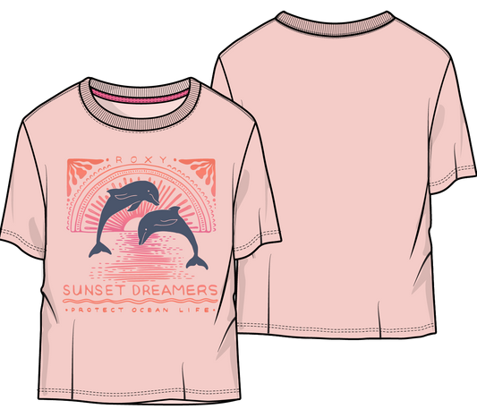 T-Shirt - Roxy rose en coton 100% avec motif dauphins coucher de soleil vue galerie position 1 paysage