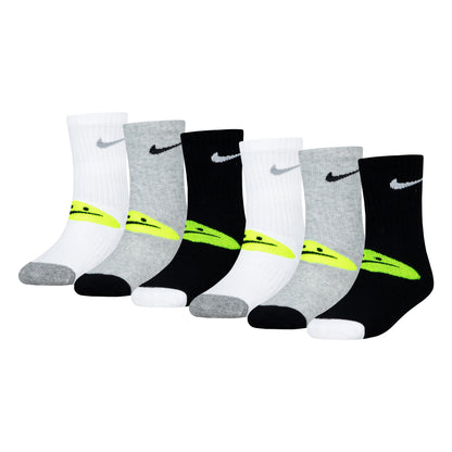 6 Paires de bas - Nike en coton mélangé, couleurs blanc, gris et noir avec logo gris, vue de face, style sportif unisexe adulte.