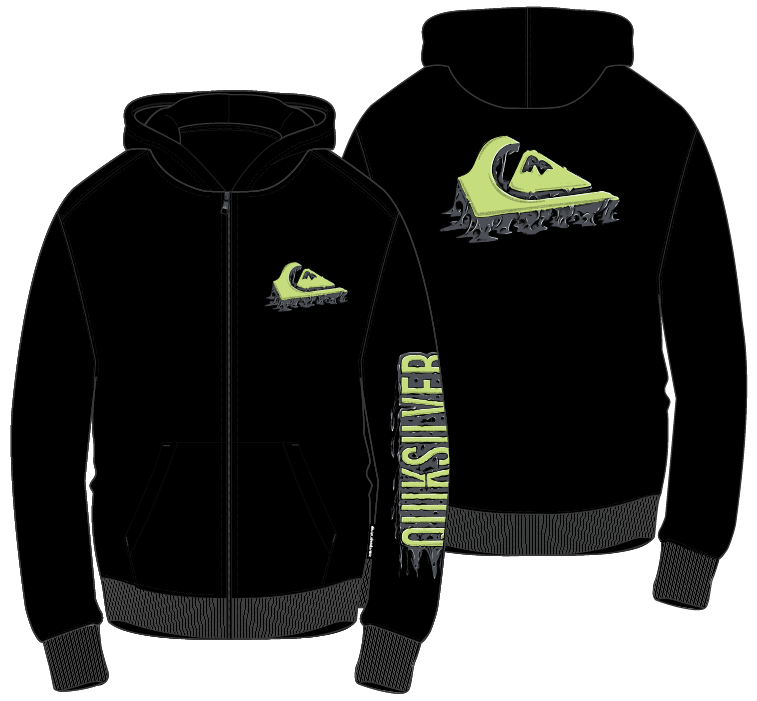 Veste - Quiksilver noire avec logo vert clair imprimé sur la poitrine, grand logo sur le dos et texte Quiksilver sur la manche, vue de face et de dos.