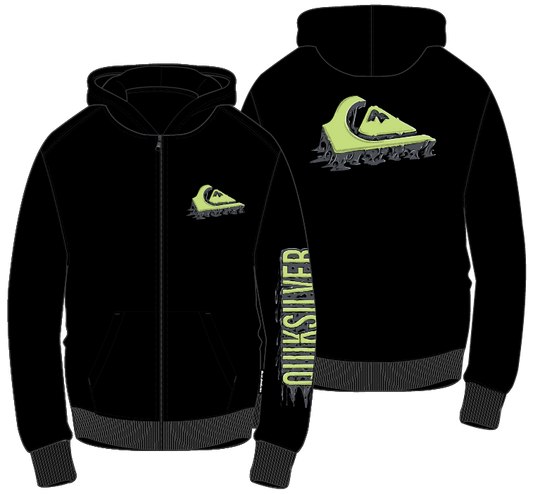 Veste - Quiksilver noire avec logo vert clair imprimé sur la poitrine, grand logo sur le dos et texte Quiksilver sur la manche, vue de face et de dos.
