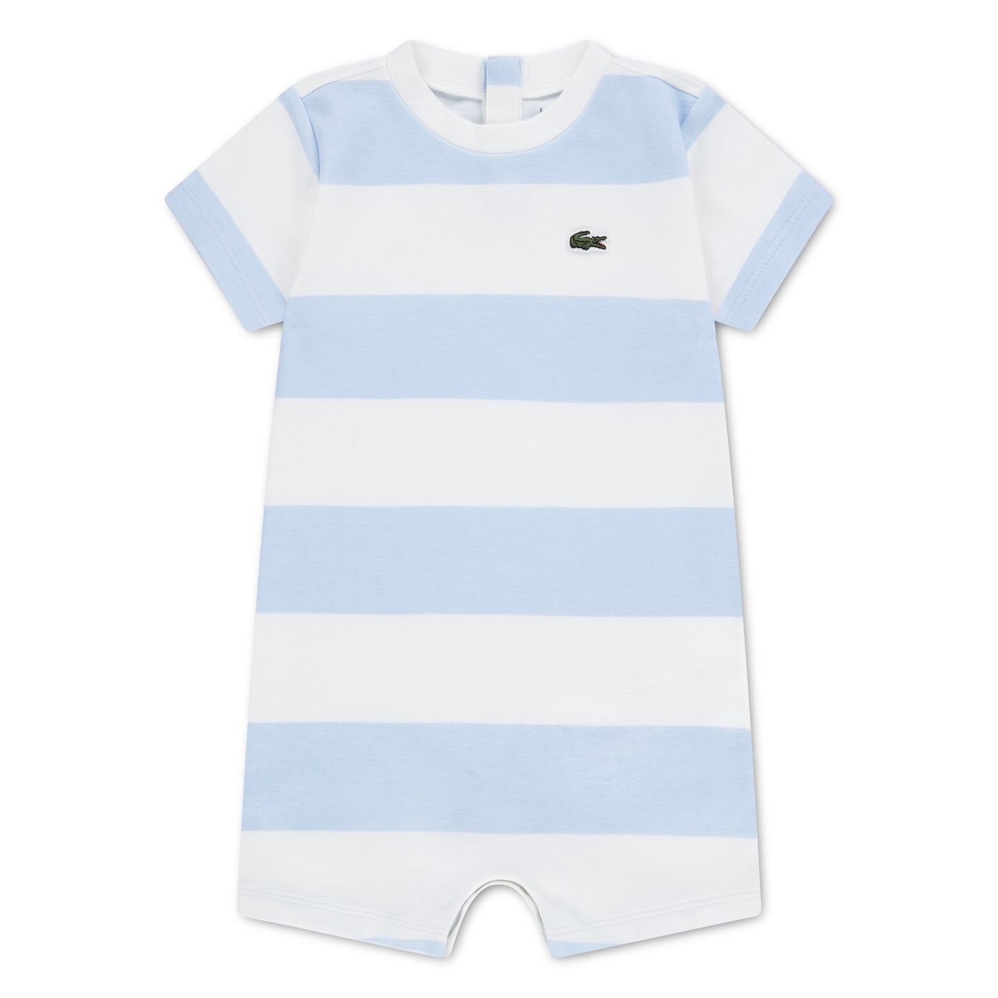 Ensemble 1 pièce - Lacoste en piqué doux blanc et bleu clair à rayures, manches courtes, vue de face, taille bébé garçon.