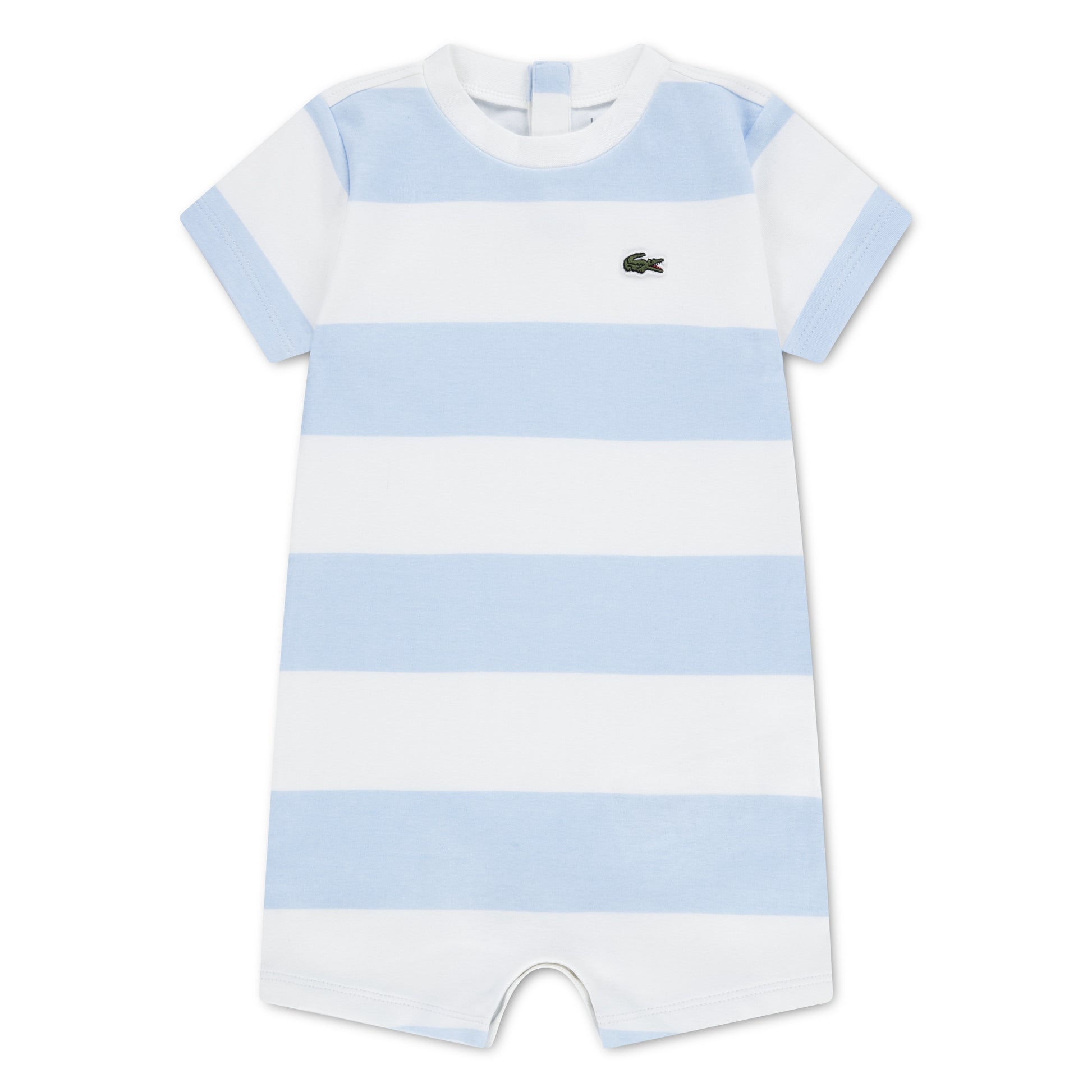 Ensemble 1 pièce - Lacoste en piqué doux blanc et bleu clair à rayures, manches courtes, vue de face, taille bébé garçon.