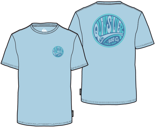 T-Shirt - Quiksilver bleu clair montrant le devant et dos avec logo rond, image en paysage 787x649 galerie 1