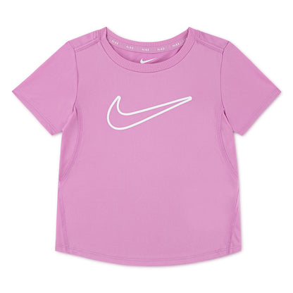 T-Shirt - Nike rose en polyester 100% pour fillette, manches courtes, vue de face avec logo blanc visible.