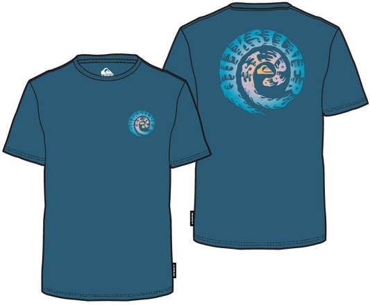 T-Shirt - Quiksilver bleu avec logo circulaire à motifs, vue avant et arrière en orientation paysage 787x649 galerie 1