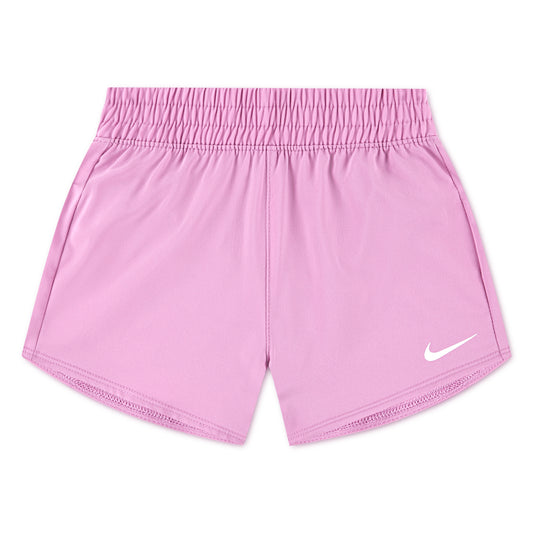 Short - Nike rose en polyester avec taille élastique et logo blanc, pour enfant, vue de dos.