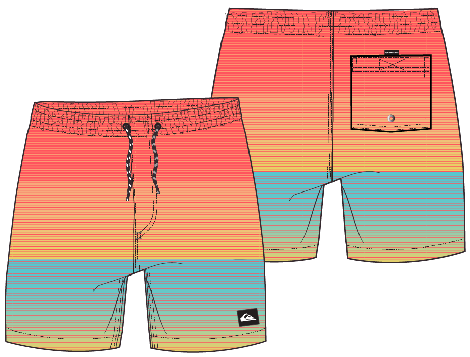 Maillot de bain - Quiksilver affiché en paysage, rayures dégradées et poche arrière avec bouton, dimensions 923x701.