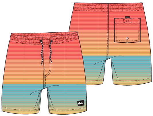 Maillot de bain - Quiksilver affiché en paysage, rayures dégradées et poche arrière avec bouton, dimensions 923x701.