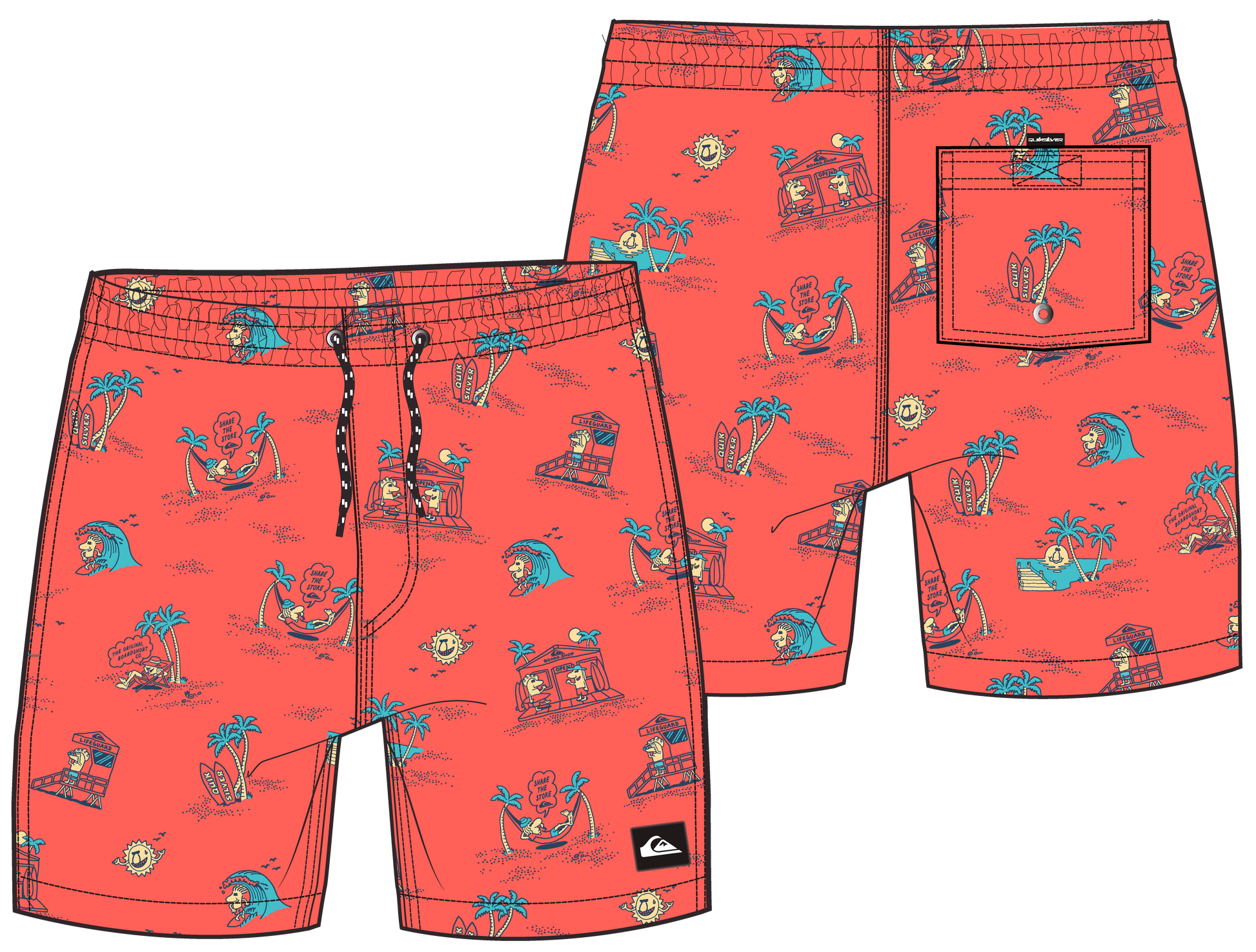 Maillot de bain - Quiksilver en polyester supersuede rouge avec motifs tropicaux, position galerie 1, orientation paysage.