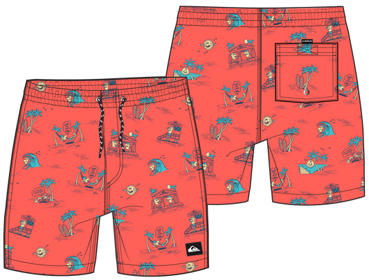 Maillot de bain - Quiksilver en polyester supersuede rouge avec motifs tropicaux, position galerie 1, orientation paysage.