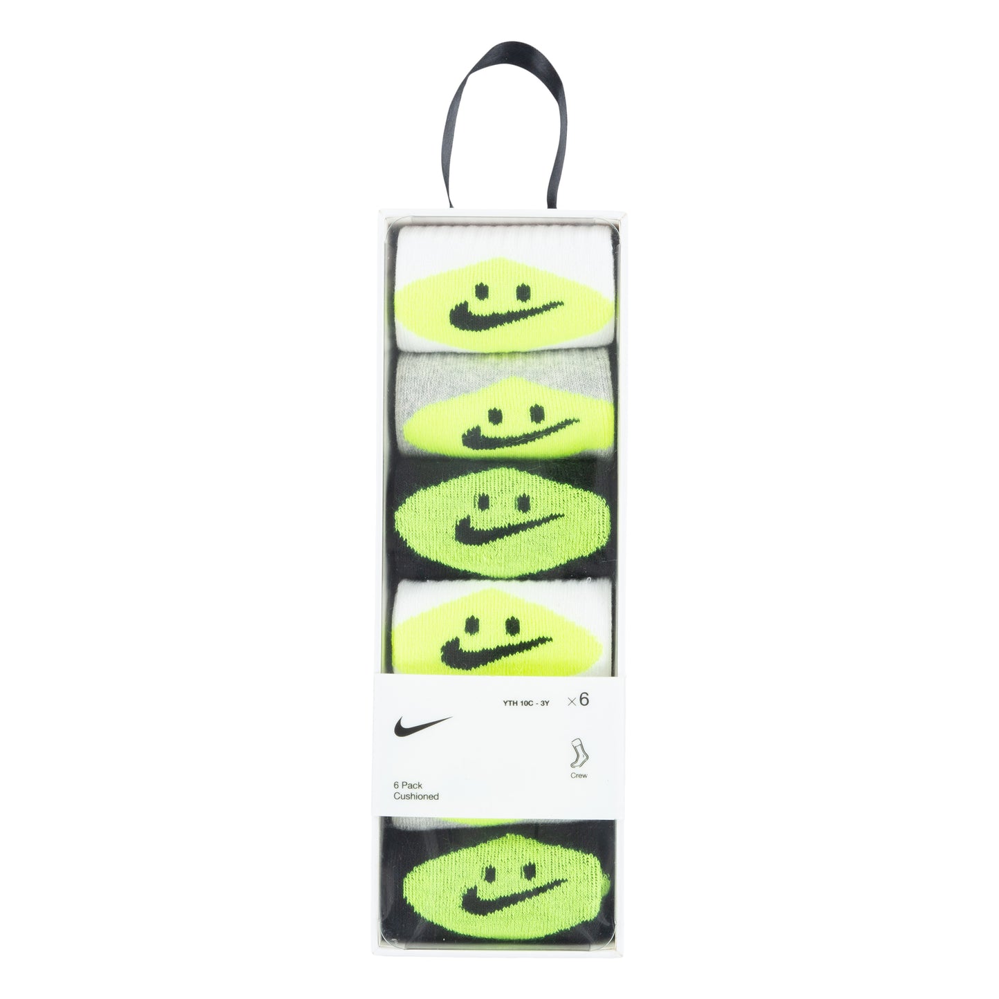 Boîte de 6 Paires de bas - Nike, coton blanc, gris et vert fluo avec logo noir, style sport, vue de face, taille enfant.