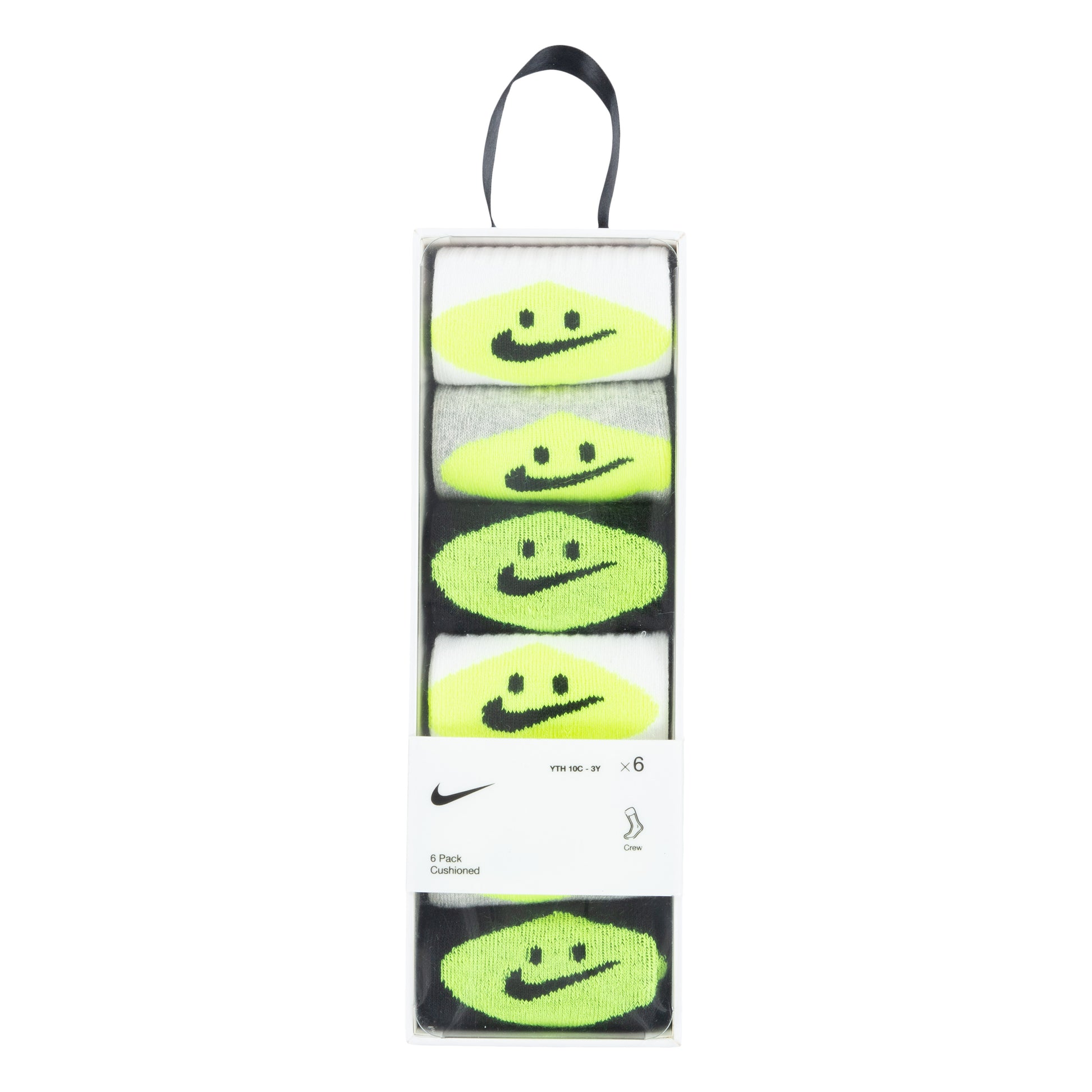 Boîte de 6 Paires de bas - Nike, coton blanc, gris et vert fluo avec logo noir, style sport, vue de face, taille enfant.