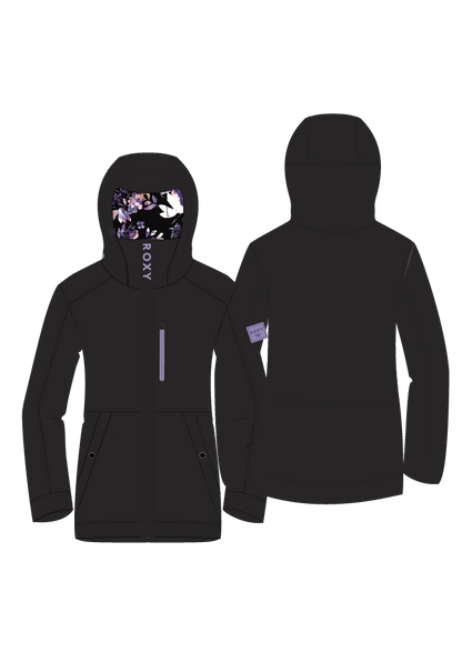 Manteau d'hiver - Roxy noir avec doublure intérieure noire à motifs floraux violets et blancs, style parka, vue de face et de dos.