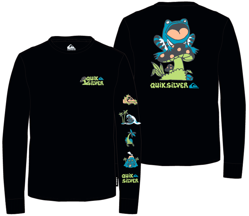 Chandail - Quiksilver noir à manches longues avec motifs colorés de grenouille et champignon, pour enfant, vues de face et de dos.