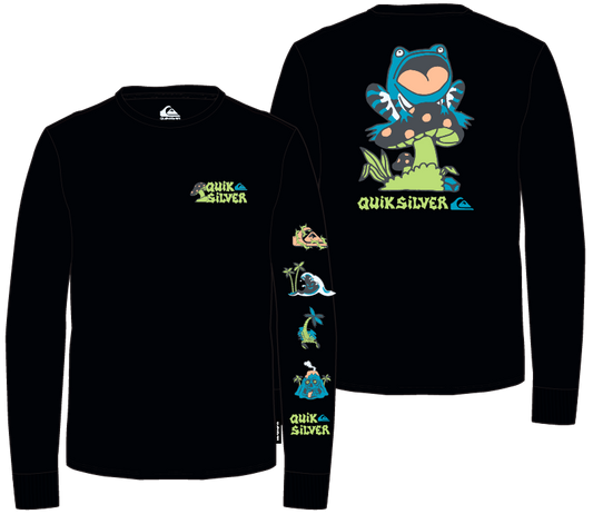 Chandail - Quiksilver noir à manches longues avec motifs colorés de grenouille et champignon, pour enfant, vues de face et de dos.