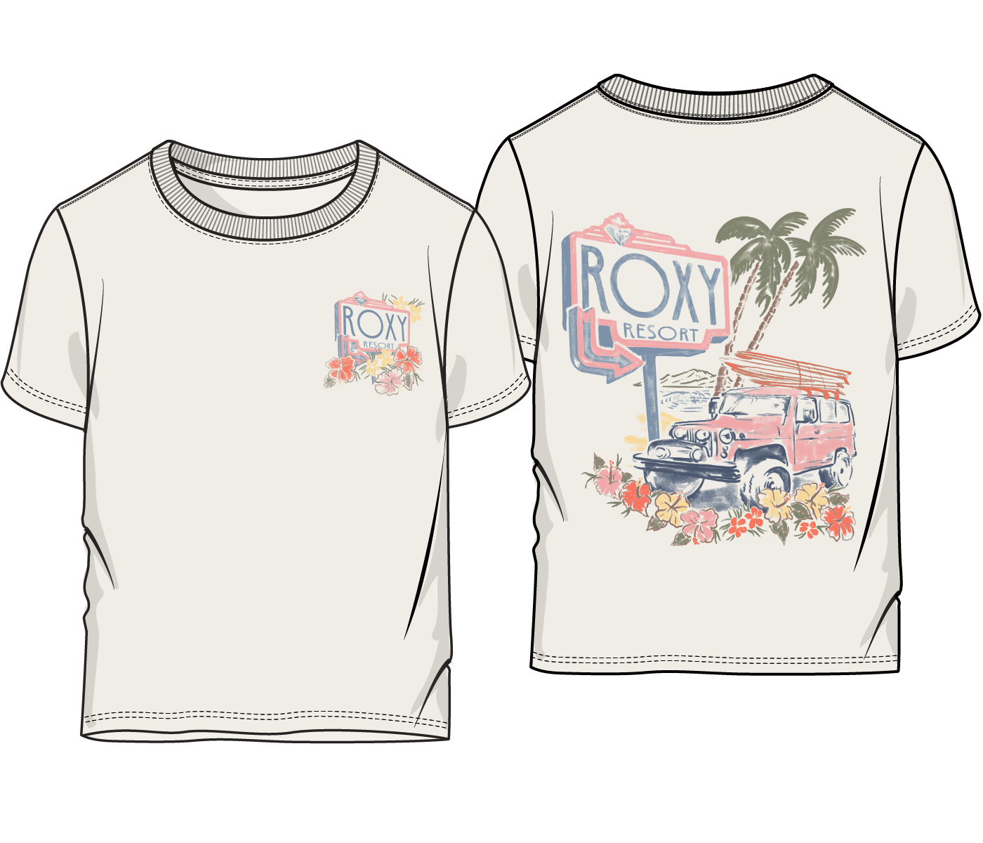 T-Shirt - Roxy blanc avec illustration vintage d'un van, palmiers et fleurs sur le devant et le dos.