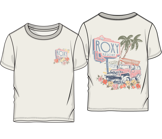T-Shirt - Roxy blanc avec illustration vintage d'un van, palmiers et fleurs sur le devant et le dos.