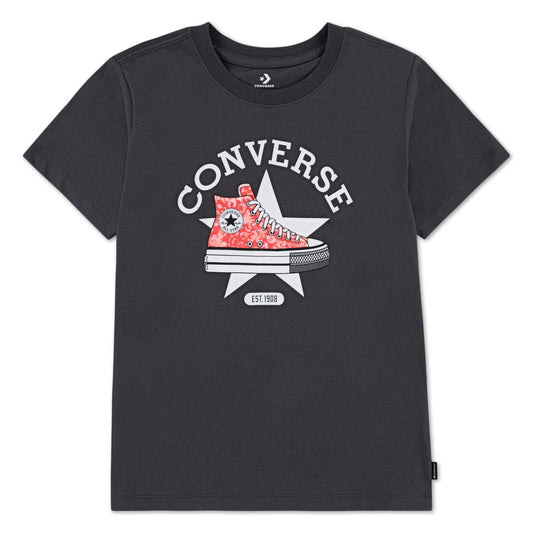 T-Shirt - Converse noir avec imprimé chaussure rouge et blanc, 60% coton 40% polyester, coupe fille, vue de face