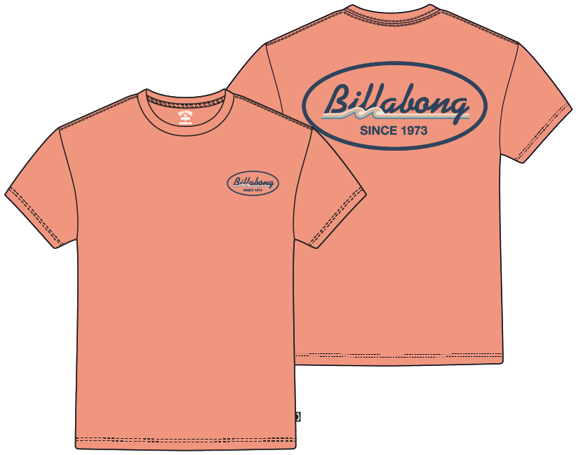 T-Shirt - Billabong saumon en coton avec logo bleu sur le devant petit et grand au dos, vue de face et dos.