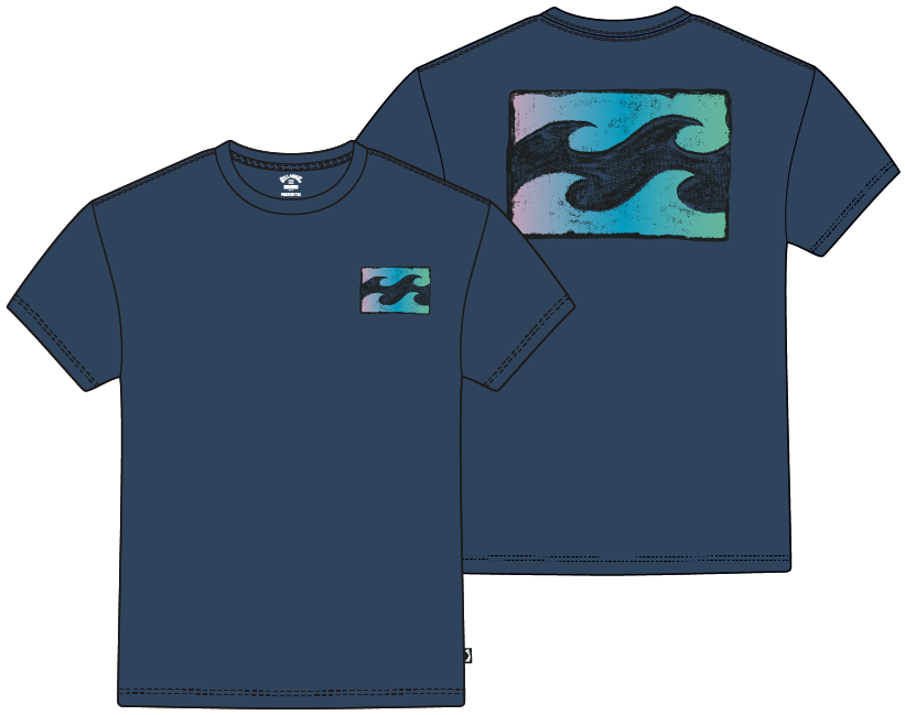 T-Shirt - Billabong bleu marine en coton avec motifs vagues bleu, violet et noir, vue de face et dos, style adulte.