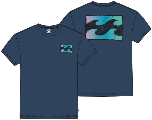 T-Shirt - Billabong bleu marine en coton avec motifs vagues bleu, violet et noir, vue de face et dos, style adulte.