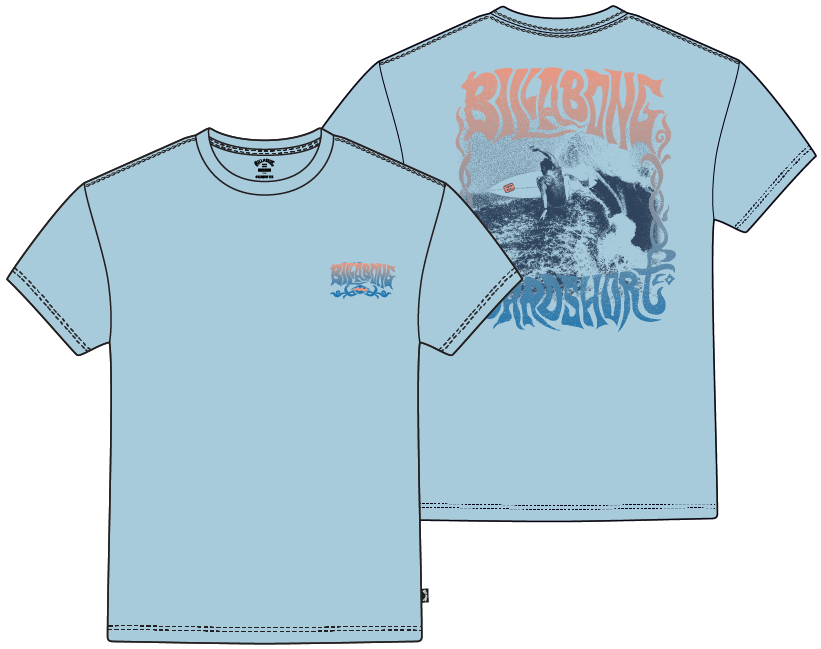 T-Shirt - Billabong bleu clair en coton, motif surf orangé et bleu, vue de face et dos, taille adulte unisexe.