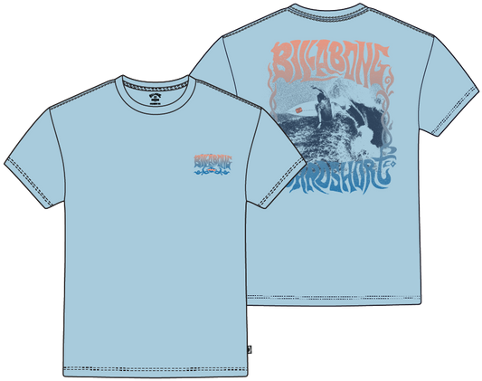 T-Shirt - Billabong bleu clair en coton, motif surf orangé et bleu, vue de face et dos, taille adulte unisexe.