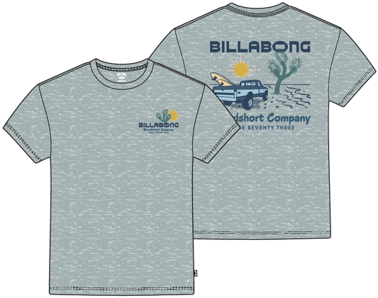 T-Shirt - Billabong gris clair chiné avec imprimé voiture et soleil, style décontracté, vue de face et dos