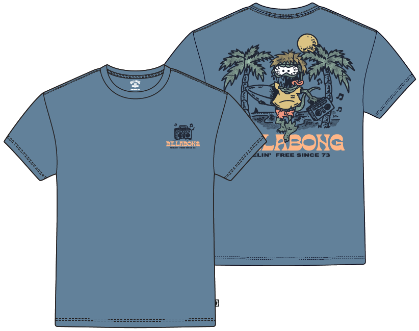 T-Shirt - Billabong bleu gris en coton avec imprimé vintage orangé et noir, vue de face et dos, pour enfant garçon.