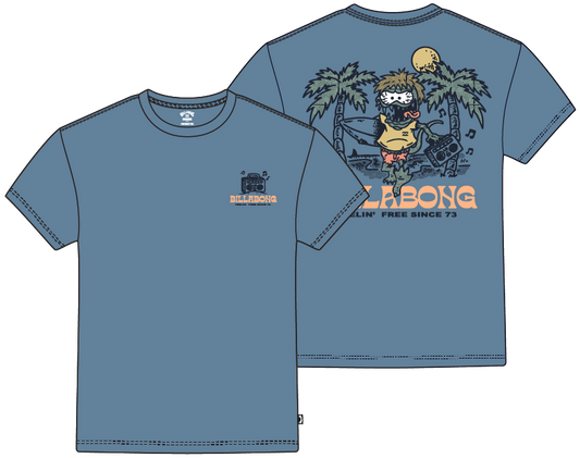 T-Shirt - Billabong bleu gris en coton avec imprimé vintage orangé et noir, vue de face et dos, pour enfant garçon.