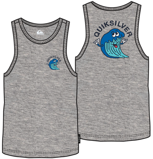 Camisole - Quiksilver grise chinée en coton avec imprimé vague bleu et texte, enfant, vue de face et dos.