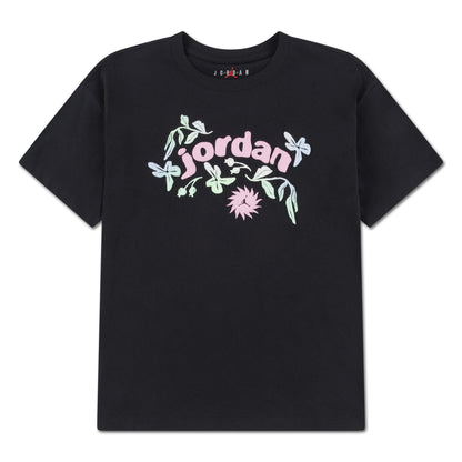 T-Shirt - Jordan noir en coton avec imprimé floral pastel rose et vert, style décontracté, vue de face.