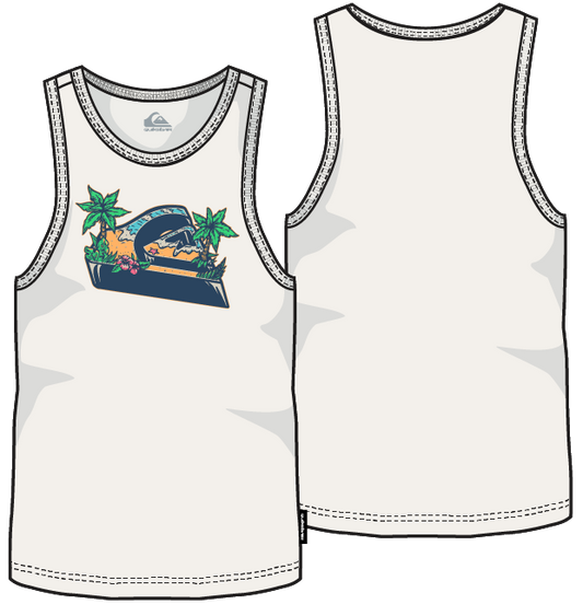 Camisole - Quiksilver blanche avec logo coloré tropical sur le devant, sans manche, vue de face et dos, style décontracté adulte.
