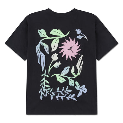 T-Shirt - Jordan noir avec motifs floraux pastel verts, bleus et roses, coton, vue de dos.