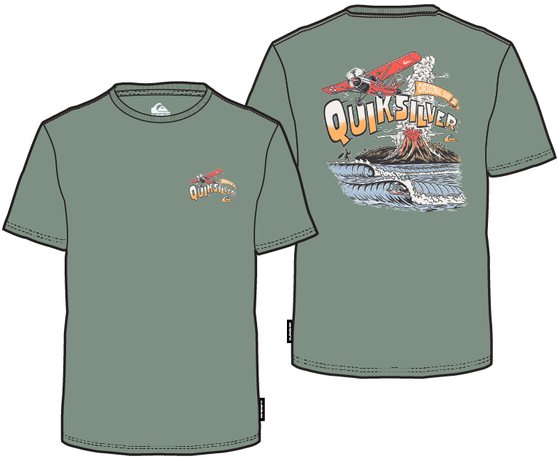 T-Shirt - Quiksilver vert kaki en coton, style casual avec logo petit devant et illustration avion volcan vague au dos, vue face et dos.