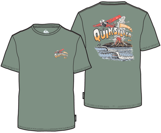 T-Shirt - Quiksilver vert kaki en coton, style casual avec logo petit devant et illustration avion volcan vague au dos, vue face et dos.