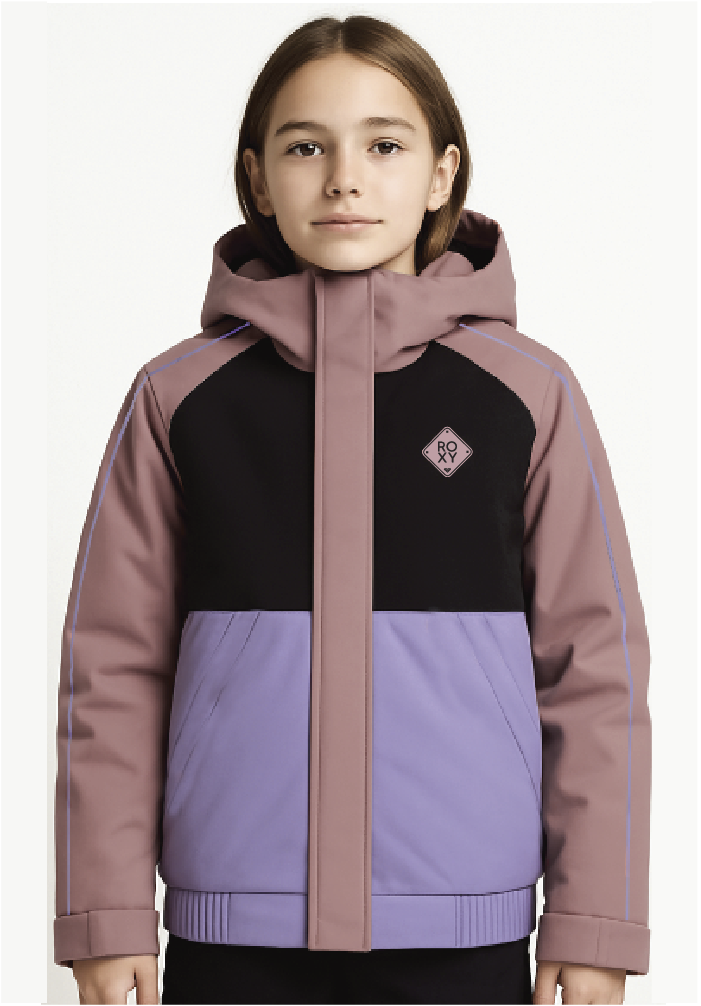 Manteau d'hiver - Roxy pour enfant, bicolore violet et noir avec manches et capuche mauves, coupe isolante, vue de face portée par une jeune fille.