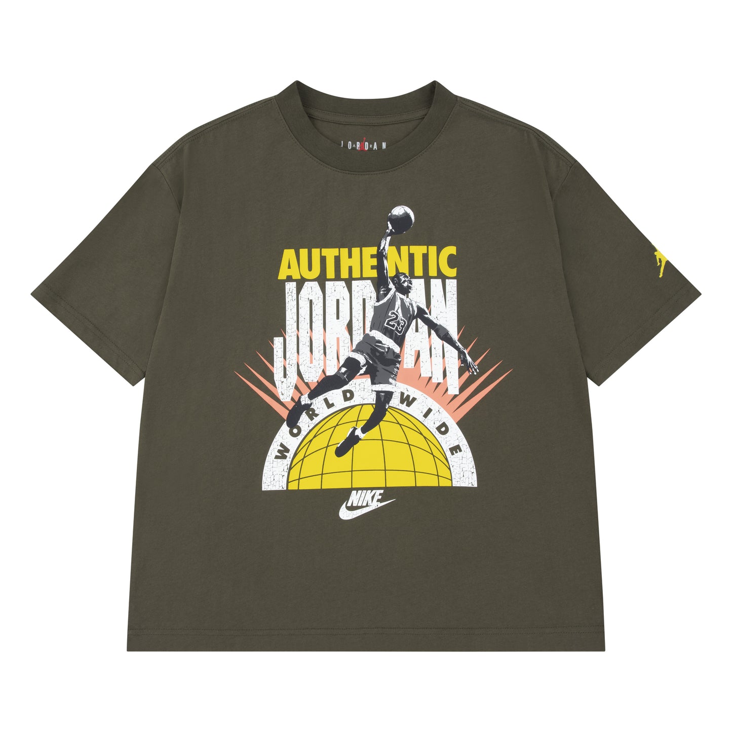 T-Shirt - Jordan kaki en coton avec impression joueur de basketball jaune et blanc, vue de face, style décontracté adulte.