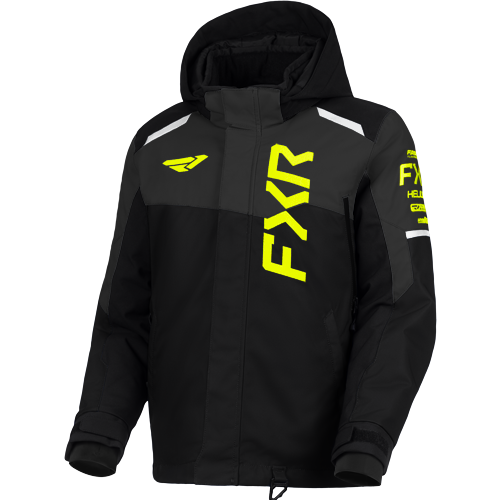 Manteau d'hiver Helium - FXR noir à capuche, détails jaunes et blancs, vue de face