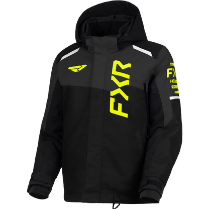 Manteau d'hiver Helium - FXR noir à capuche, détails jaunes et blancs, vue de face