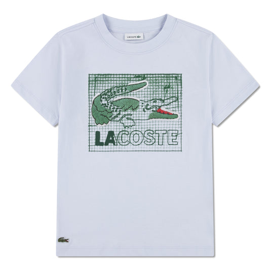T-Shirt - Lacoste blanc en coton 100%, motif crocodile vert et rouge, style garçon, vue de face