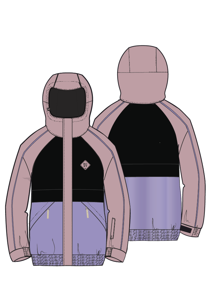 Manteau d'hiver - Roxy tricolore rose mauve et noir en tissu technique, coupe enfant, vue de face et dos avec capuche intégrée.