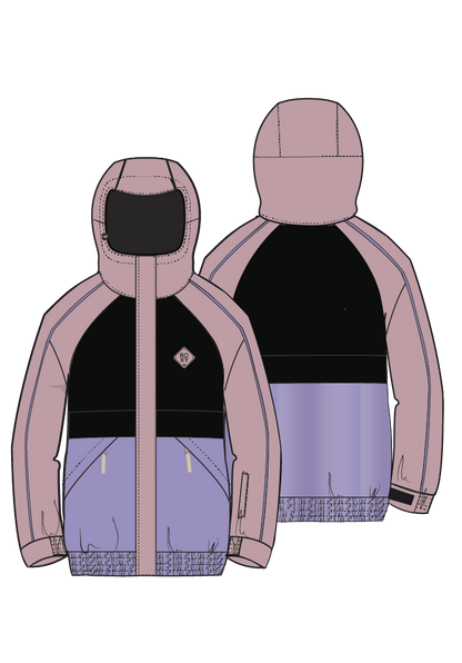 Manteau d'hiver - Roxy tricolore rose mauve et noir en tissu technique, coupe enfant, vue de face et dos avec capuche intégrée.